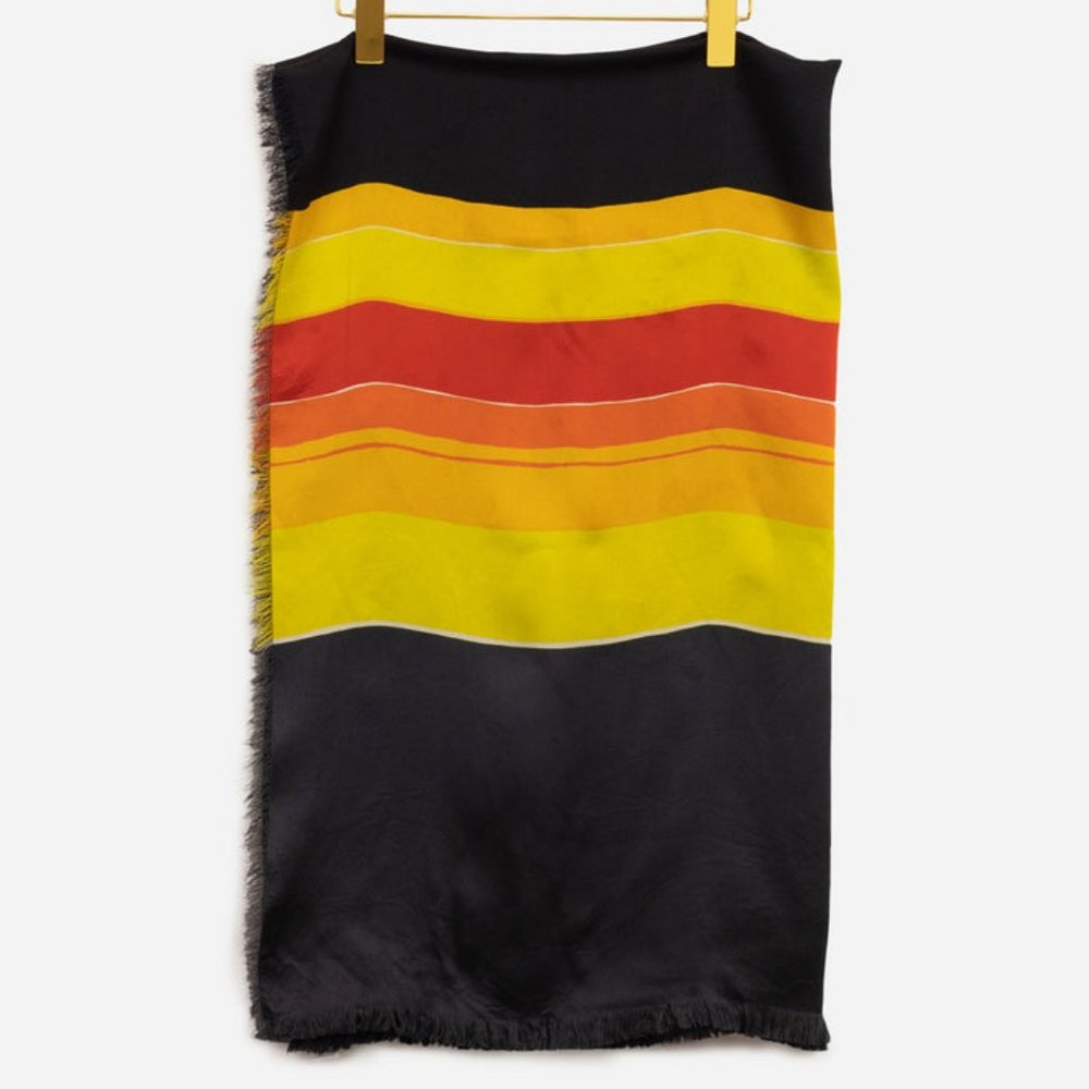 Authentic SAINT LAURENT Fringed Black & Yellow Sunset Design Silk Scarf